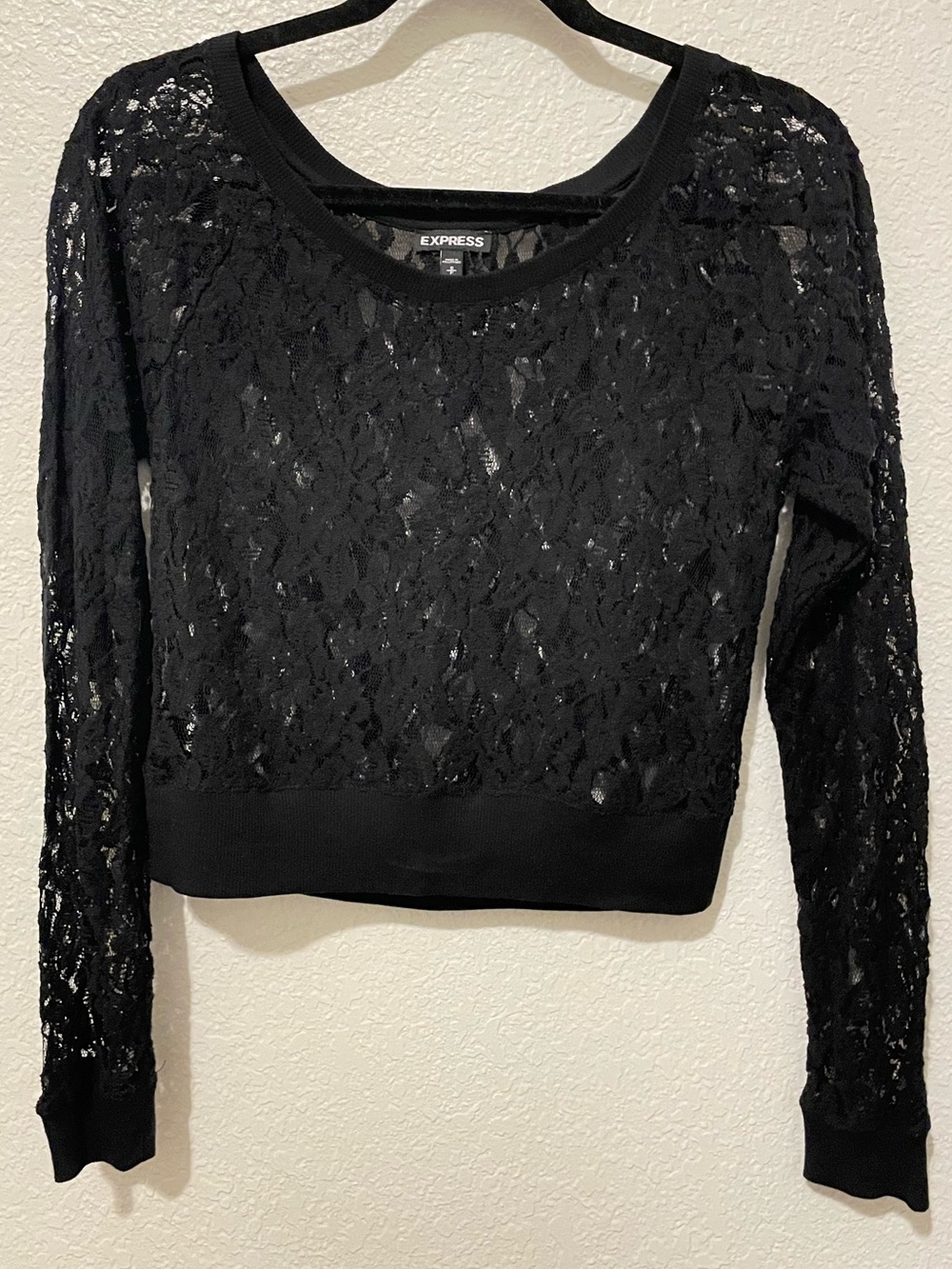 Express Black Lace Long-Sleeve Cropped Top